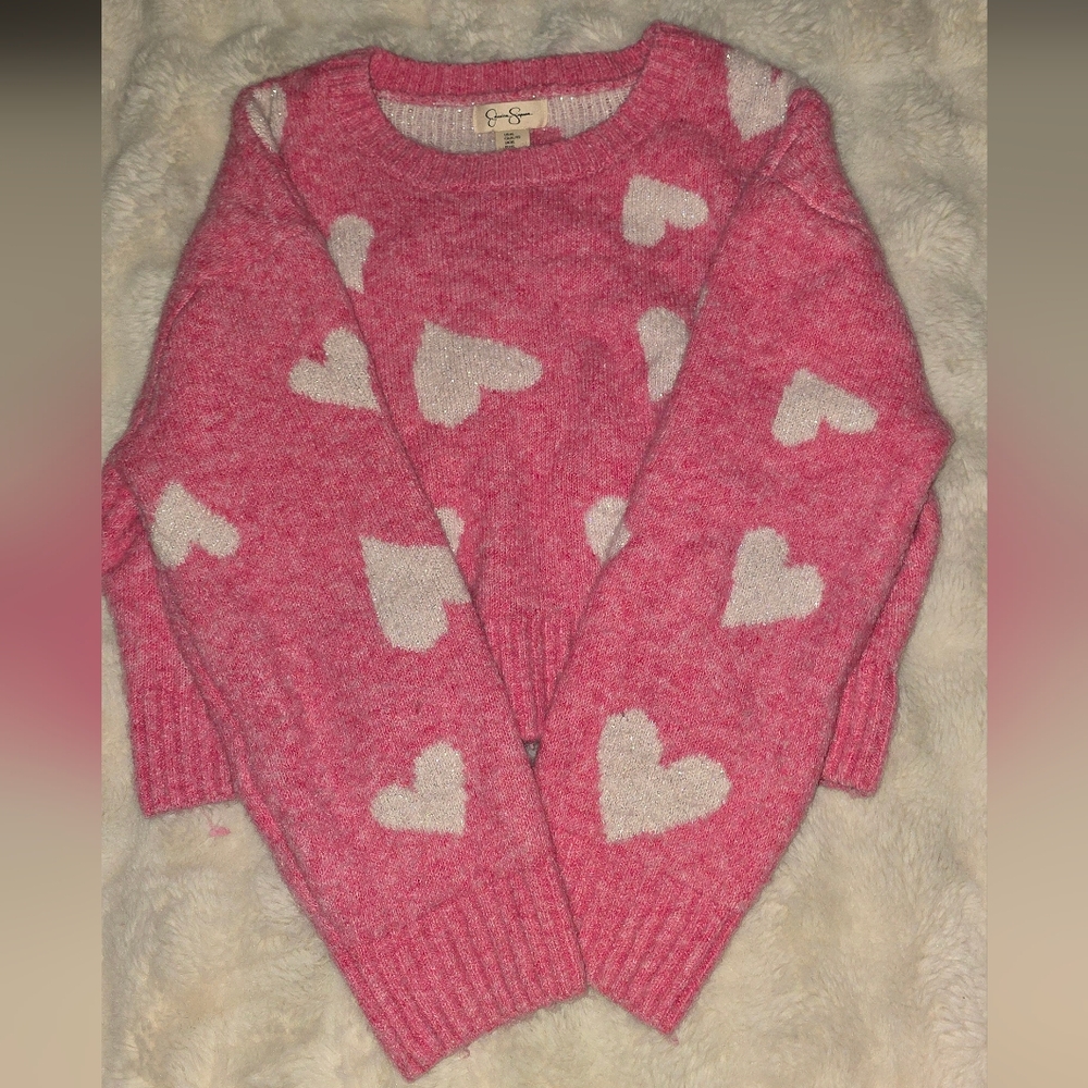 Jessica Simpson Pink Heart Crewneck Sweater with Cream Hearts